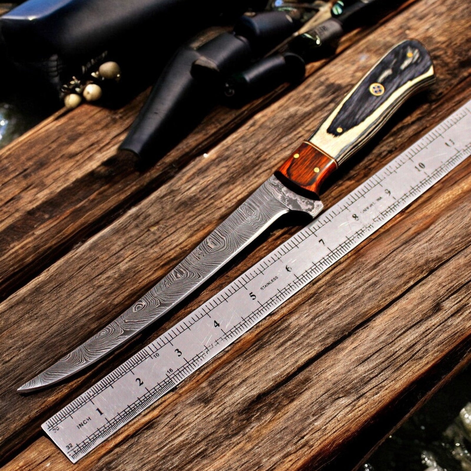 Damascus Knife Store Handmade Damascus Fillet Knife with Antler Horn Handle - Angler's Pro Tackle & Outdoors