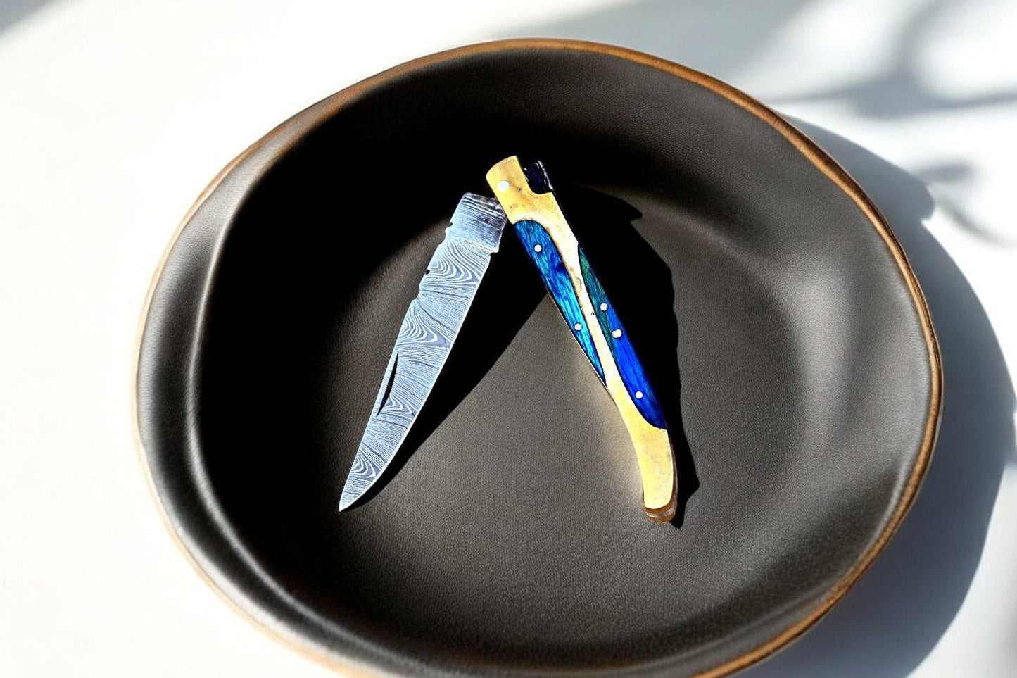 Damascus Knife Store Handmade Damascus Folding Knife with Wood & Brass Handle - Angler's Pro Tackle & Outdoors