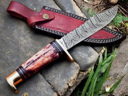 Damascus Knife Store Handmade Damascus Hunting Knife – 12" with Bone Handle - Angler's Pro Tackle & Outdoors