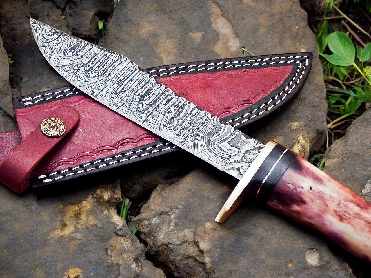 Damascus Knife Store Handmade Damascus Hunting Knife – 12" with Bone Handle - Angler's Pro Tackle & Outdoors