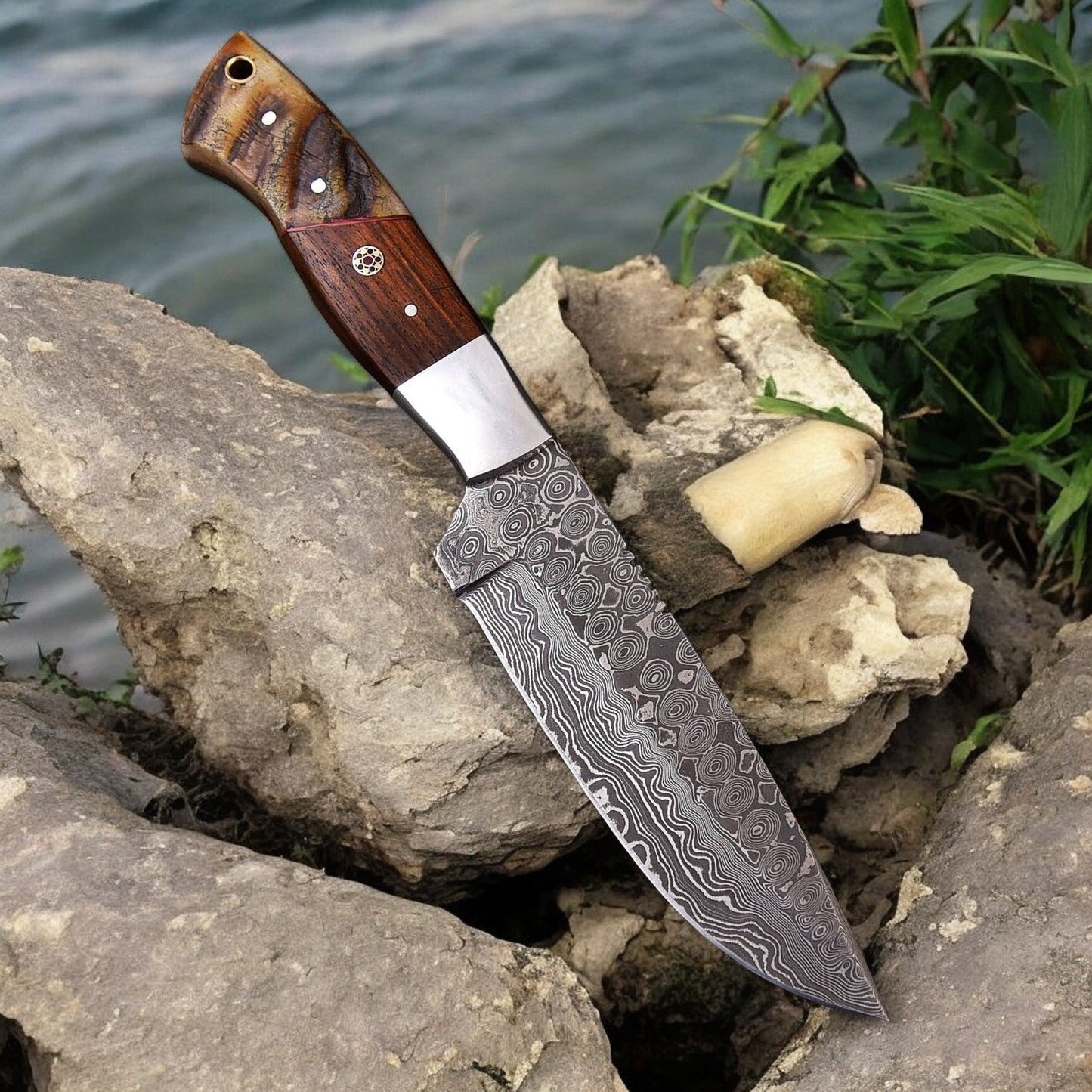Damascus Knife Store Handmade Damascus Hunting Knife | Sheep Horn & Rosewood - Angler's Pro Tackle & Outdoors