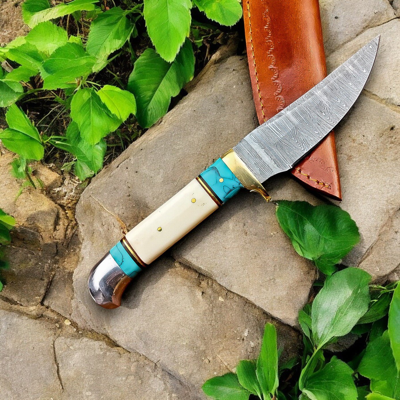 Damascus Knife Store Handmade Damascus Hunting Knife – Turquoise & Bone Handle - Angler's Pro Tackle & Outdoors
