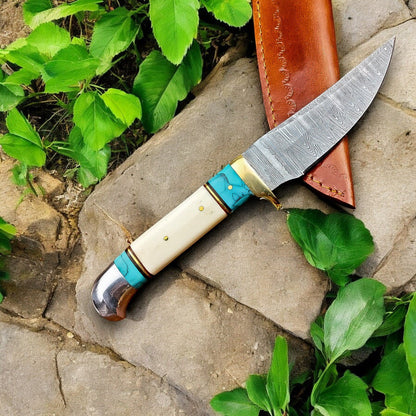 Damascus Knife Store Handmade Damascus Hunting Knife – Turquoise & Bone Handle - Angler's Pro Tackle & Outdoors