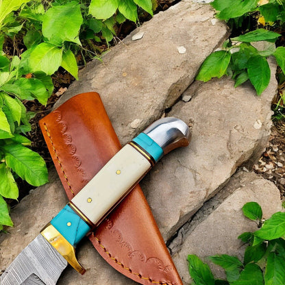 Damascus Knife Store Handmade Damascus Hunting Knife – Turquoise & Bone Handle - Angler's Pro Tackle & Outdoors