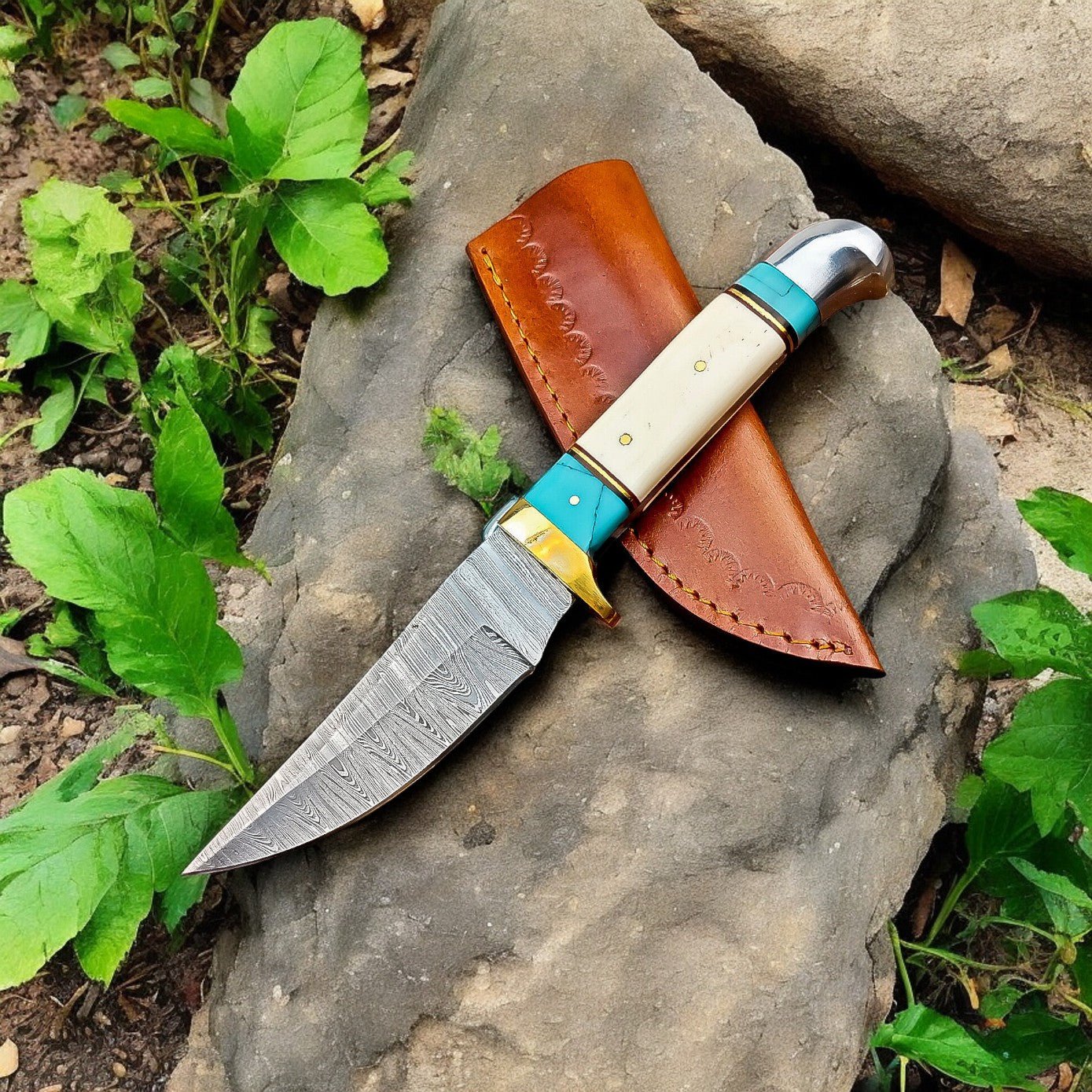 Damascus Knife Store Handmade Damascus Hunting Knife – Turquoise & Bone Handle - Angler's Pro Tackle & Outdoors
