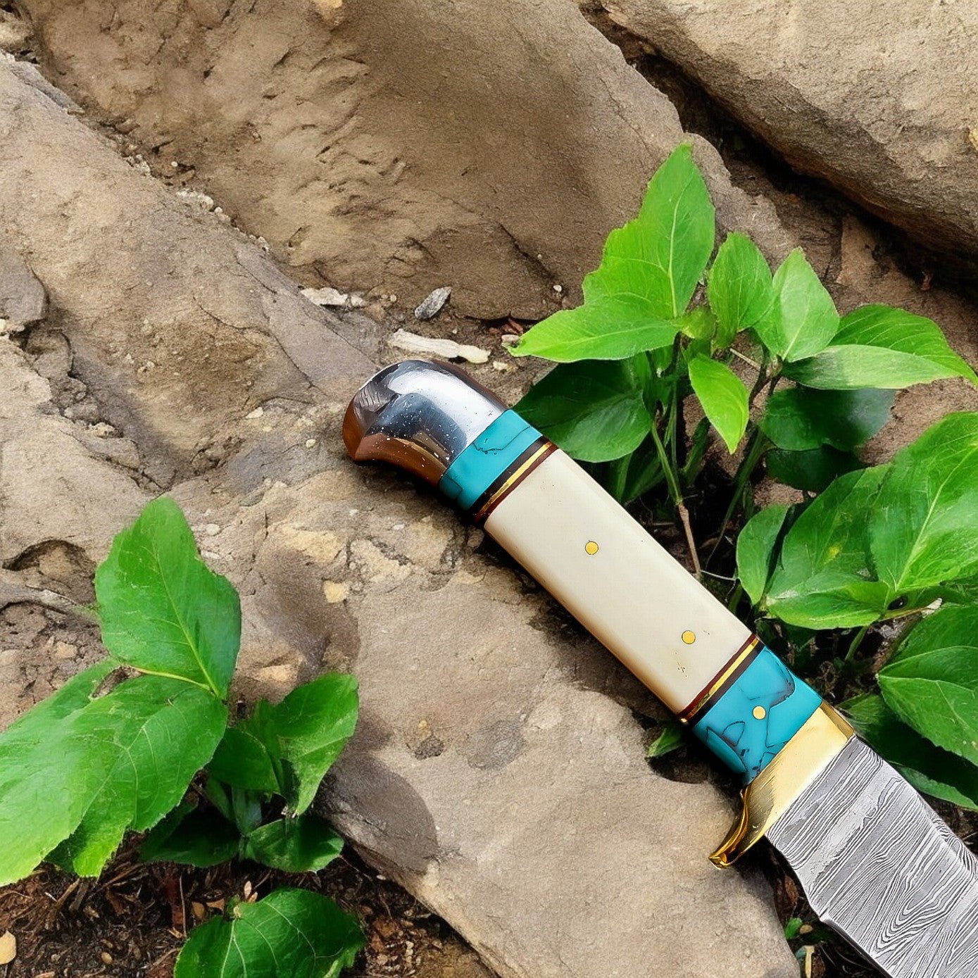 Damascus Knife Store Handmade Damascus Hunting Knife – Turquoise & Bone Handle - Angler's Pro Tackle & Outdoors