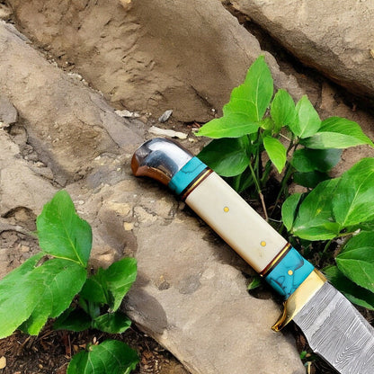 Damascus Knife Store Handmade Damascus Hunting Knife – Turquoise & Bone Handle - Angler's Pro Tackle & Outdoors