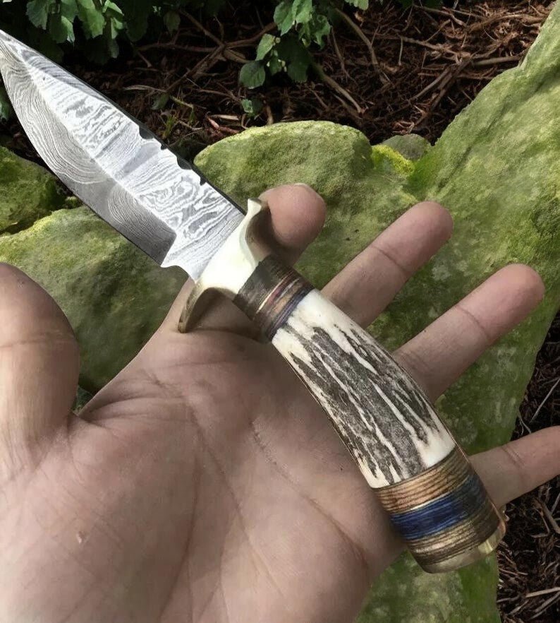 Handcrafted Damascus Steel Belt Knife with Antler Handle - 7.5