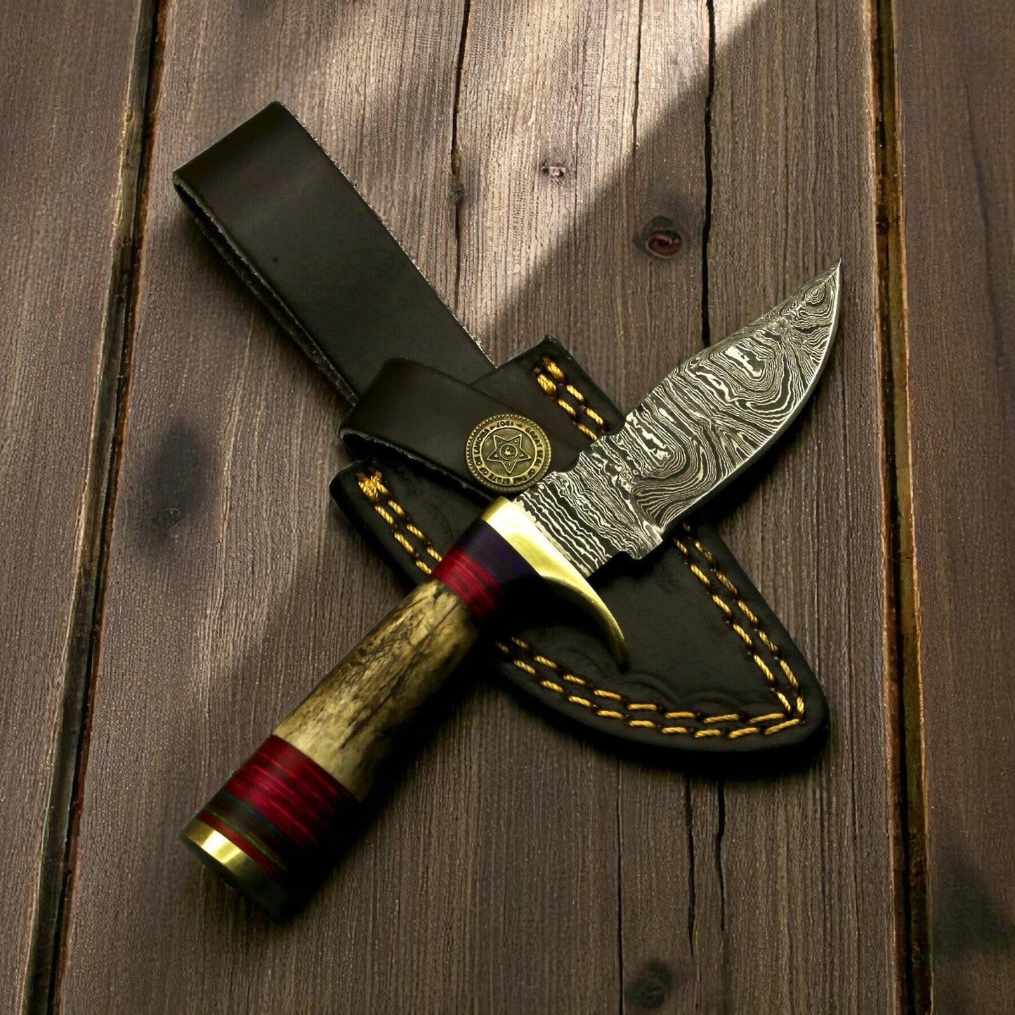 Damascus Knife Store Handmade Damascus Hunting Knife with Antler Horn Handle - Angler's Pro Tackle & Outdoors