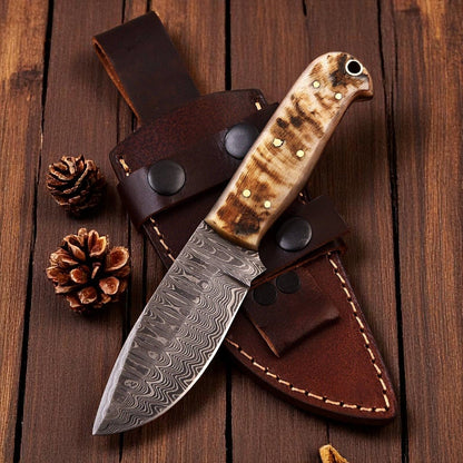 Damascus Knife Store Handmade Damascus Hunting Knife with Sheep Horn Handle - Angler's Pro Tackle & Outdoors