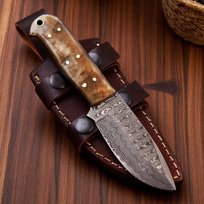 Damascus Knife Store Handmade Damascus Hunting Knife with Sheep Horn Handle - Angler's Pro Tackle & Outdoors