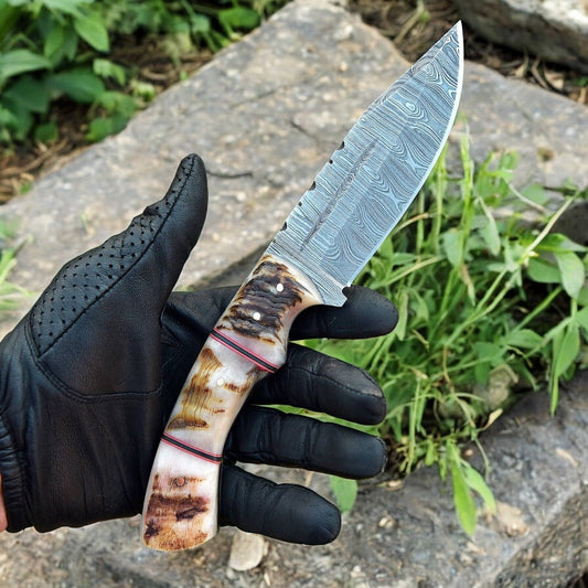 Damascus Knife Store Handmade Damascus Hunting Knife with Sheep Horn Handle - Angler's Pro Tackle & Outdoors