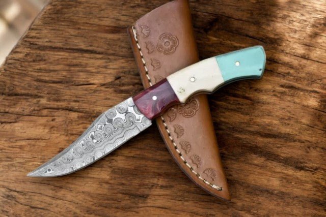 Damascus Knife Store Handmade Damascus Skinner Knife with Bone & Resin Handle - Angler's Pro Tackle & Outdoors