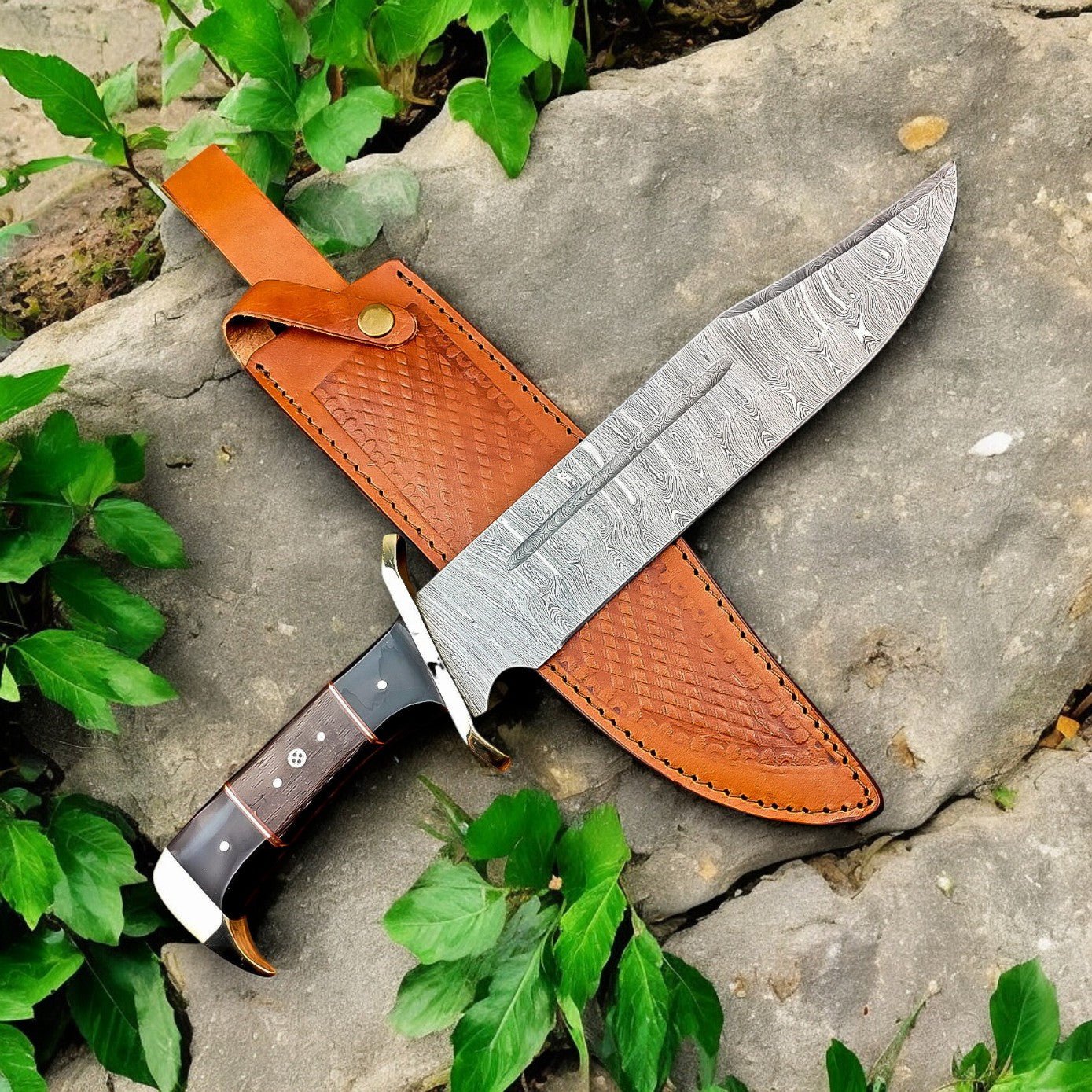 Damascus Knife Store Handmade Damascus Steel Bowie Knife - 16" Rosewood & Buffalo Horn - Angler's Pro Tackle & Outdoors