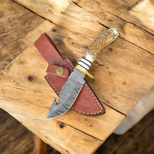 Damascus Knife Store Handmade Damascus Steel Gut Hook Hunting Knife – Stag Horn Handle - Angler's Pro Tackle & Outdoors