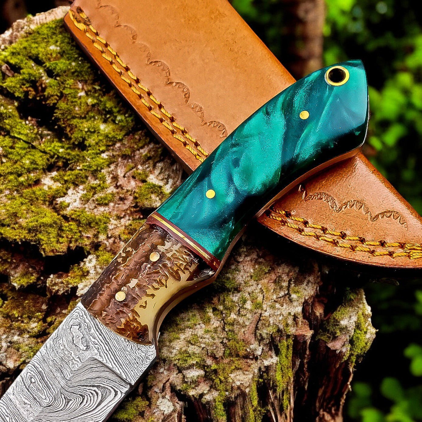 Damascus Knife Store Handmade Damascus Steel Skinning Knife with Antler Horn Handle - Angler's Pro Tackle & Outdoors