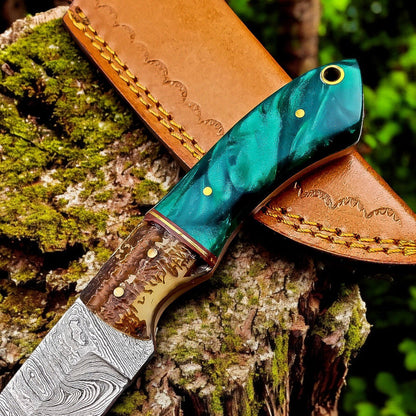 Damascus Knife Store Handmade Damascus Steel Skinning Knife with Antler Horn Handle - Angler's Pro Tackle & Outdoors