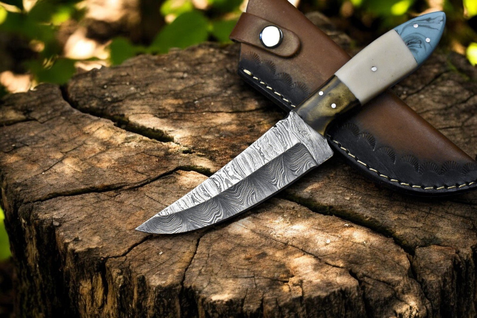 Damascus Knife Store Handmade Damascus Steel Skinning Knife with Leather Sheath - Angler's Pro Tackle & Outdoors