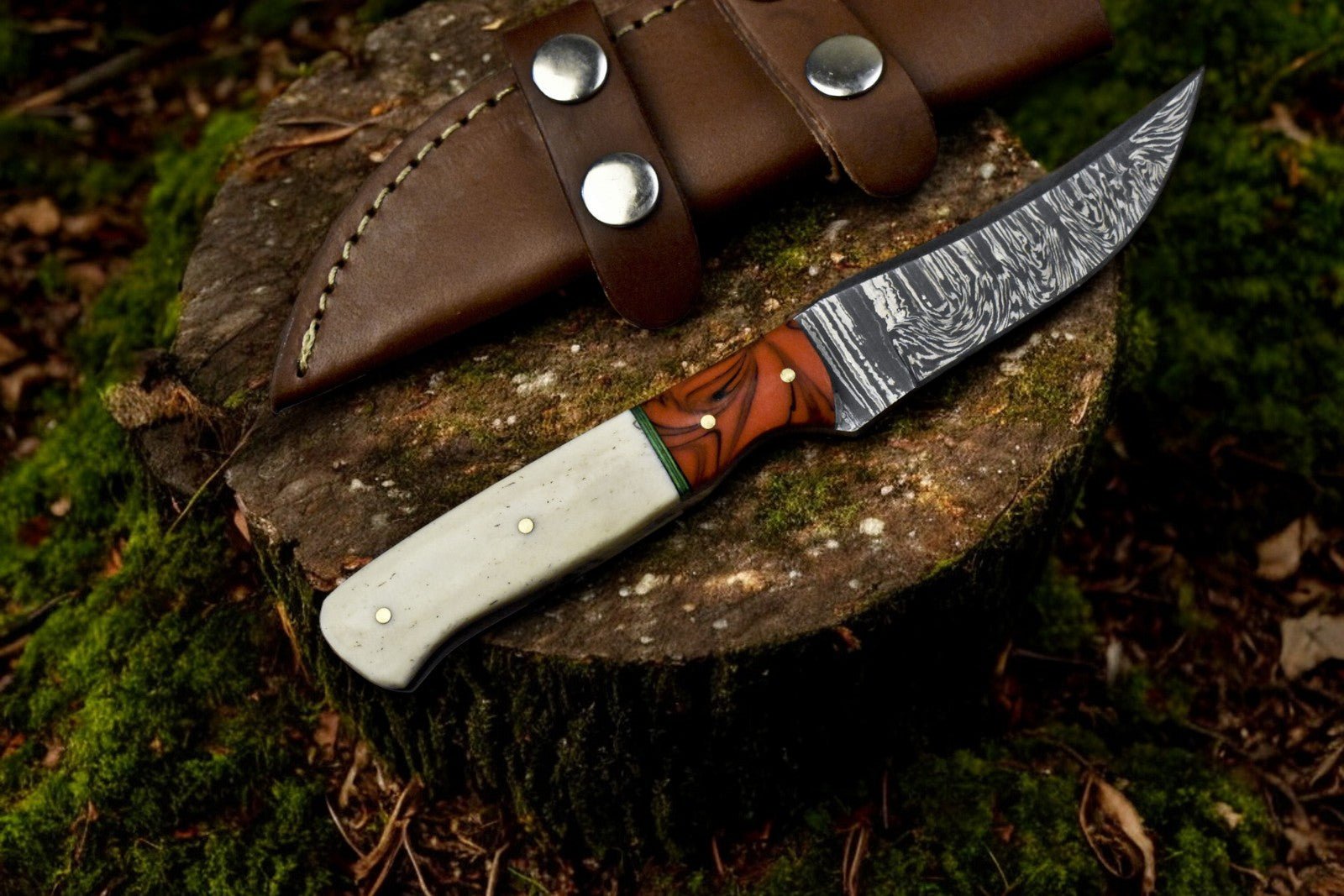 Damascus Knife Store Handmade Damascus Steel Skinning Knife with Leather Sheath - Angler's Pro Tackle & Outdoors