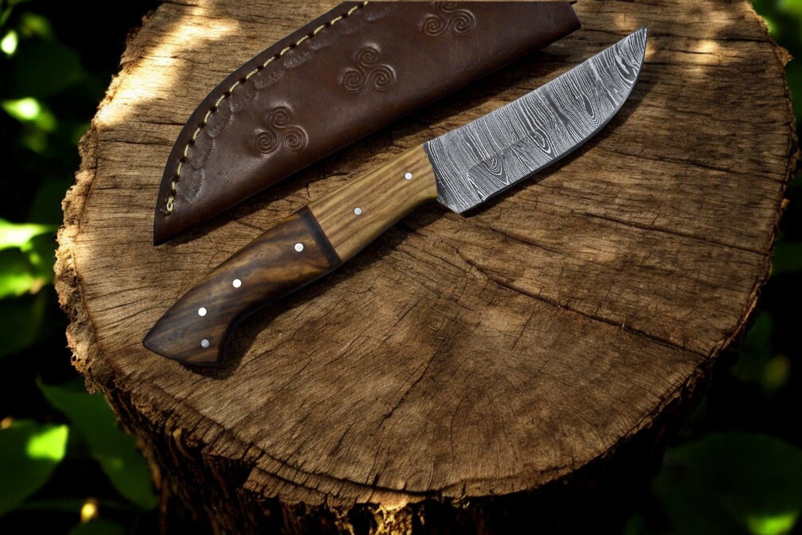 Damascus Knife Store Handmade Damascus Steel Skinning Knife with Rosewood & Olivewood Handle - Angler's Pro Tackle & Outdoors