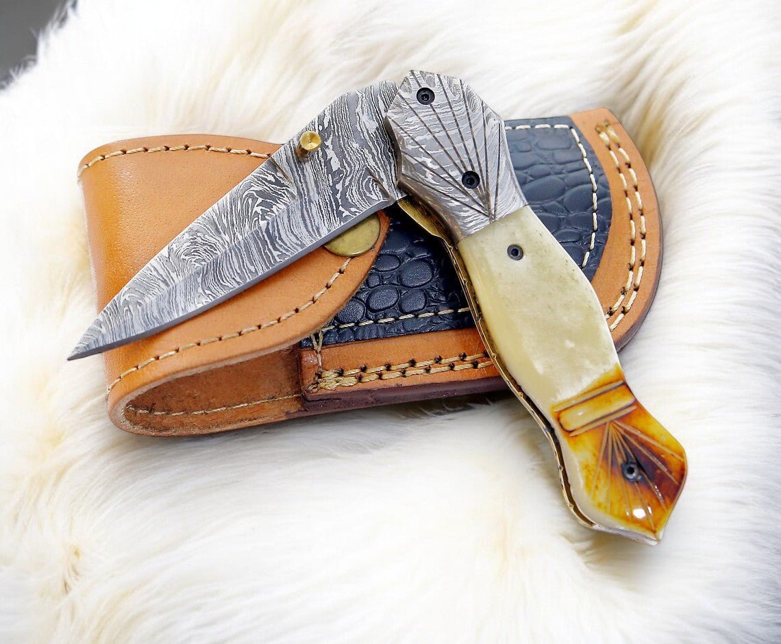 Damascus Knife Store Handmade Folding Knife – Bone Handle, 3" Blade - Angler's Pro Tackle & Outdoors