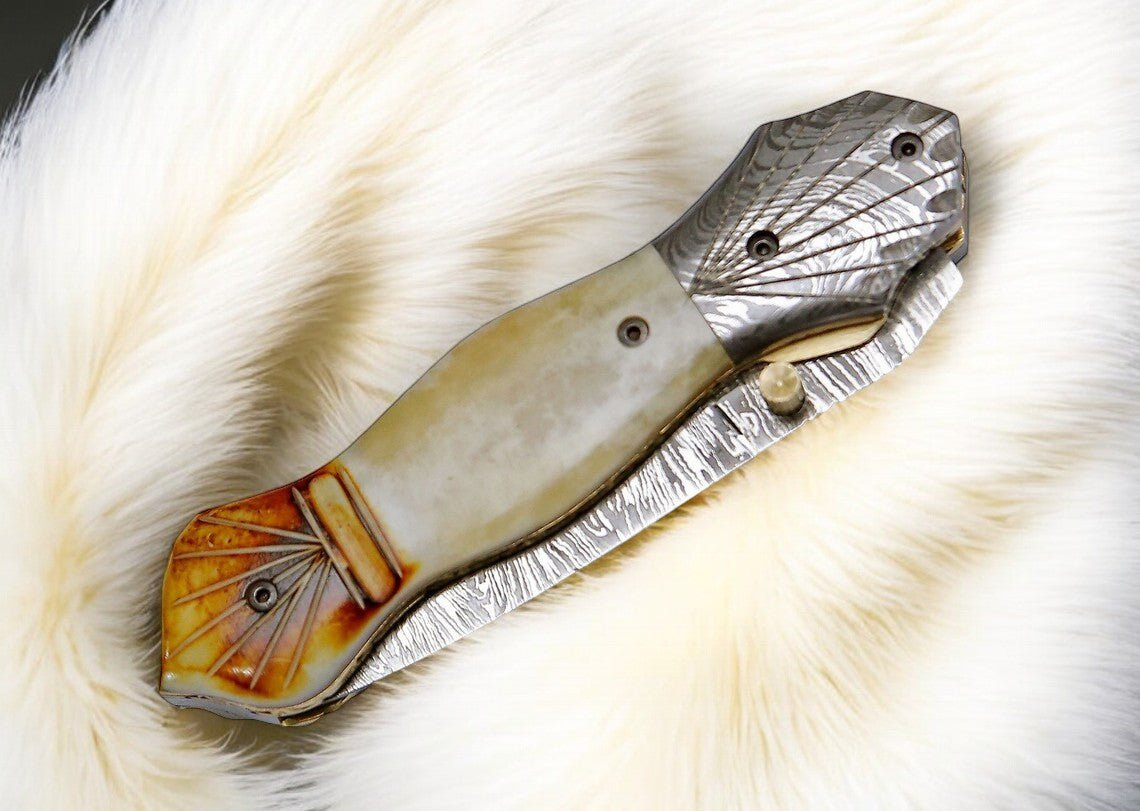 Damascus Knife Store Handmade Folding Knife – Bone Handle, 3" Blade - Angler's Pro Tackle & Outdoors