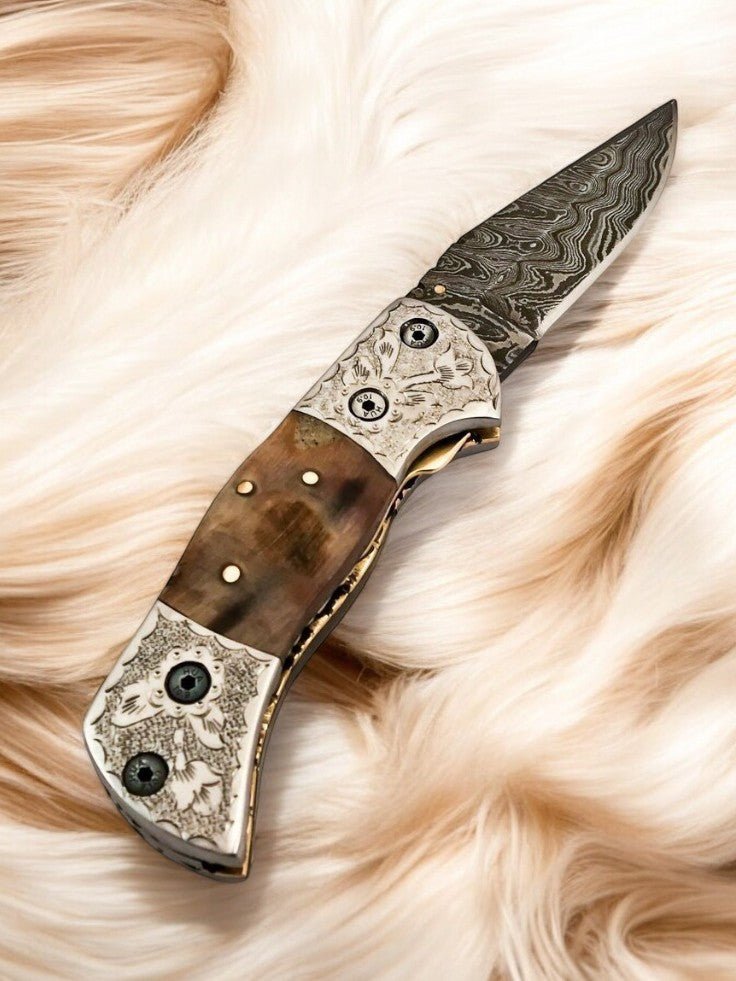 Damascus Knife Store Handmade Folding Knife – Sheep Horn Handle - Angler's Pro Tackle & Outdoors