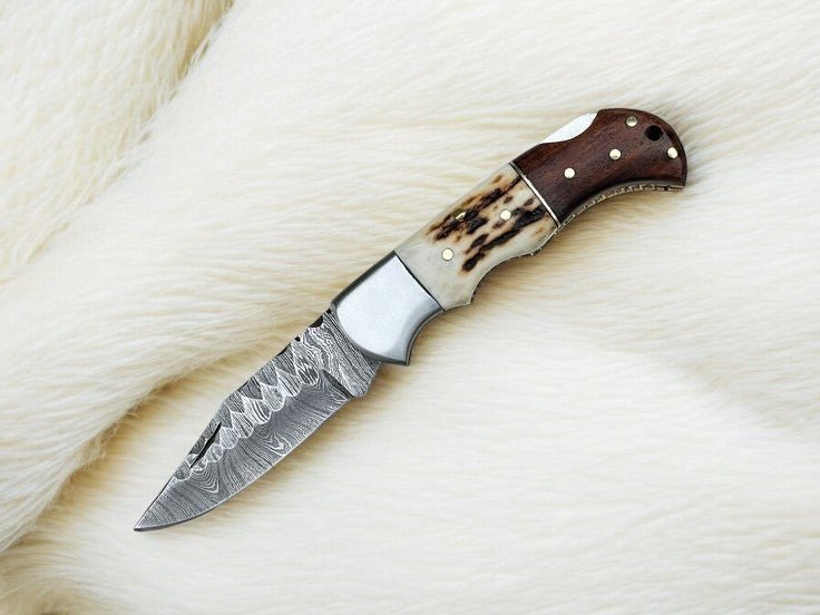 Damascus Knife Store Handmade Folding Knife | Stag Horn & Rosewood - Angler's Pro Tackle & Outdoors