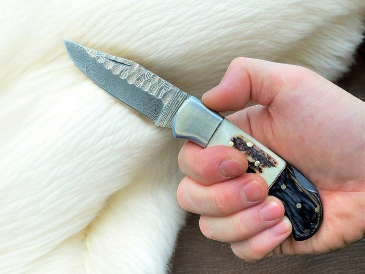 Damascus Knife Store Handmade Folding Knife | Stag Horn & Rosewood - Angler's Pro Tackle & Outdoors