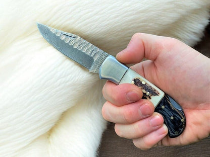 Damascus Knife Store Handmade Folding Knife | Stag Horn & Rosewood - Angler's Pro Tackle & Outdoors