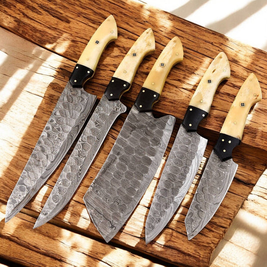 Damascus Knife Store Handmade Kitchen Knives Set | Bone & Horn Handles - Angler's Pro Tackle & Outdoors