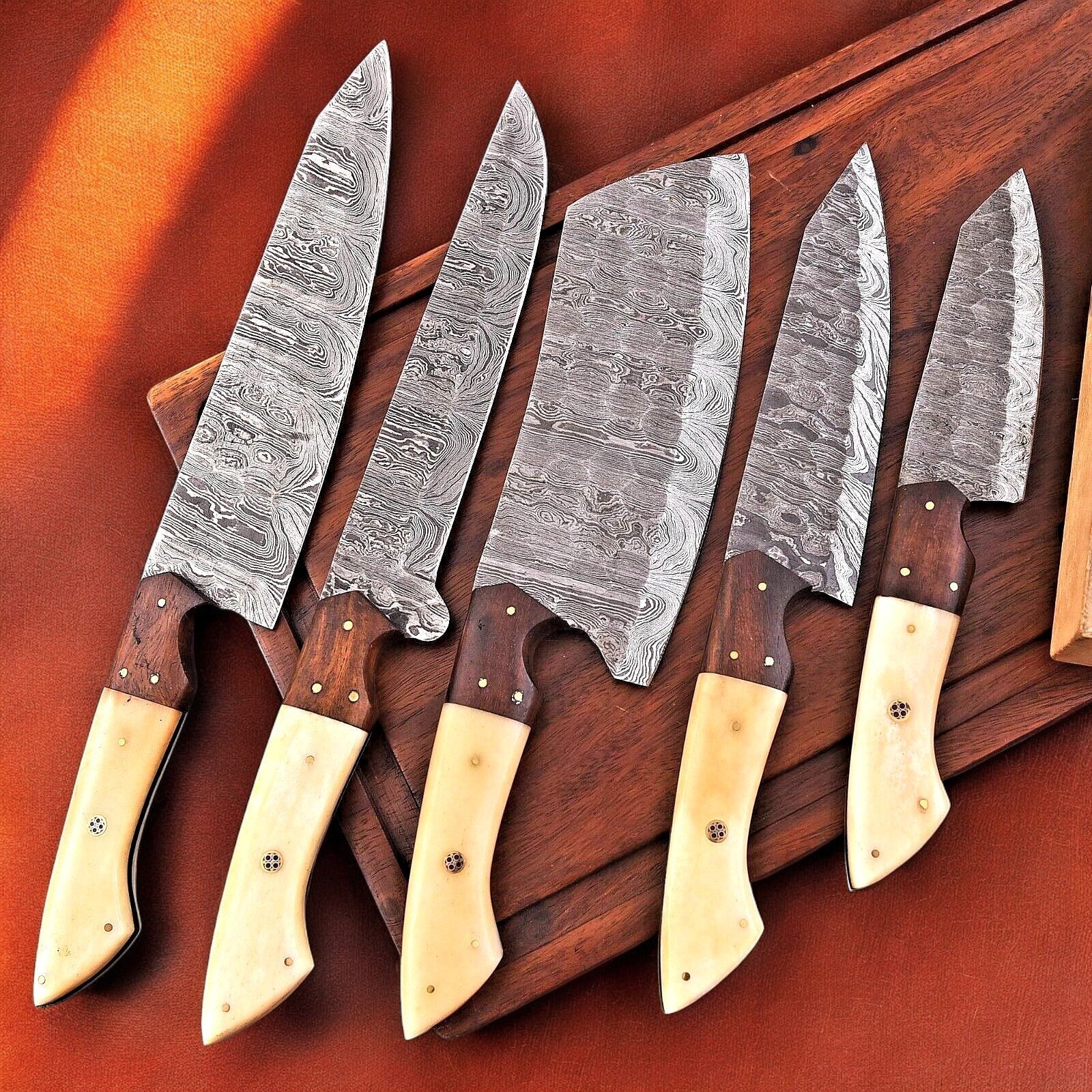 Damascus Knife Store Handmade Kitchen Knives Set – Bone & Rosewood - Angler's Pro Tackle & Outdoors