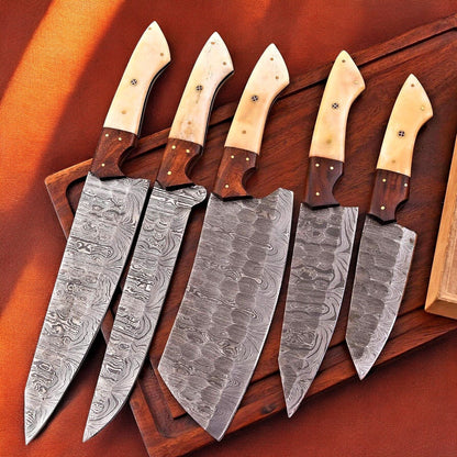 Damascus Knife Store Handmade Kitchen Knives Set – Bone & Rosewood - Angler's Pro Tackle & Outdoors