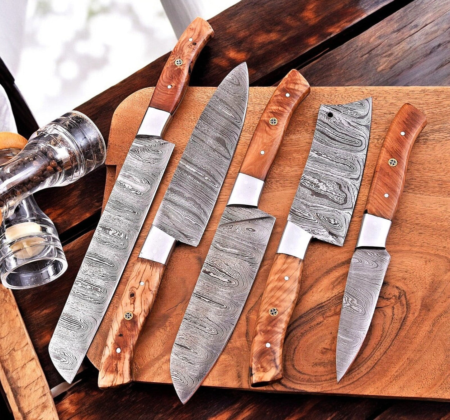 Damascus Knife Store Handmade Kitchen Knives Set – Olivewood Handles - Angler's Pro Tackle & Outdoors
