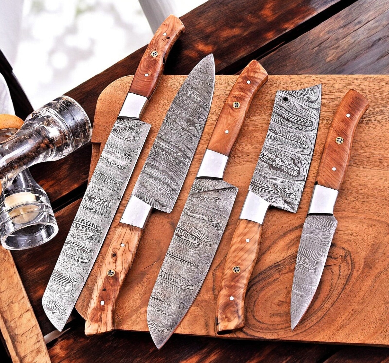 Damascus Knife Store Handmade Kitchen Knives Set – Olivewood Handles - Angler's Pro Tackle & Outdoors