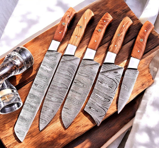 Damascus Knife Store Handmade Kitchen Knives Set – Olivewood Handles - Angler's Pro Tackle & Outdoors