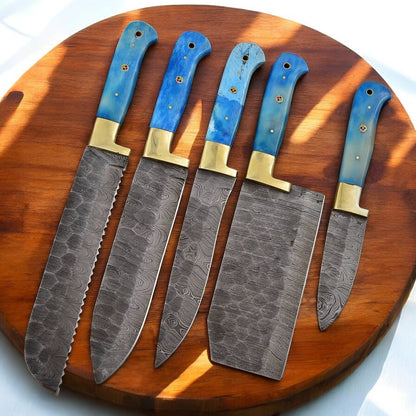 Damascus Knife Store Handmade Kitchen Knives Set with Bone Handles - Angler's Pro Tackle & Outdoors