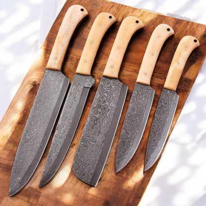 Damascus Knife Store Handmade Kitchen Knives Set with Bone Handles - Angler's Pro Tackle & Outdoors