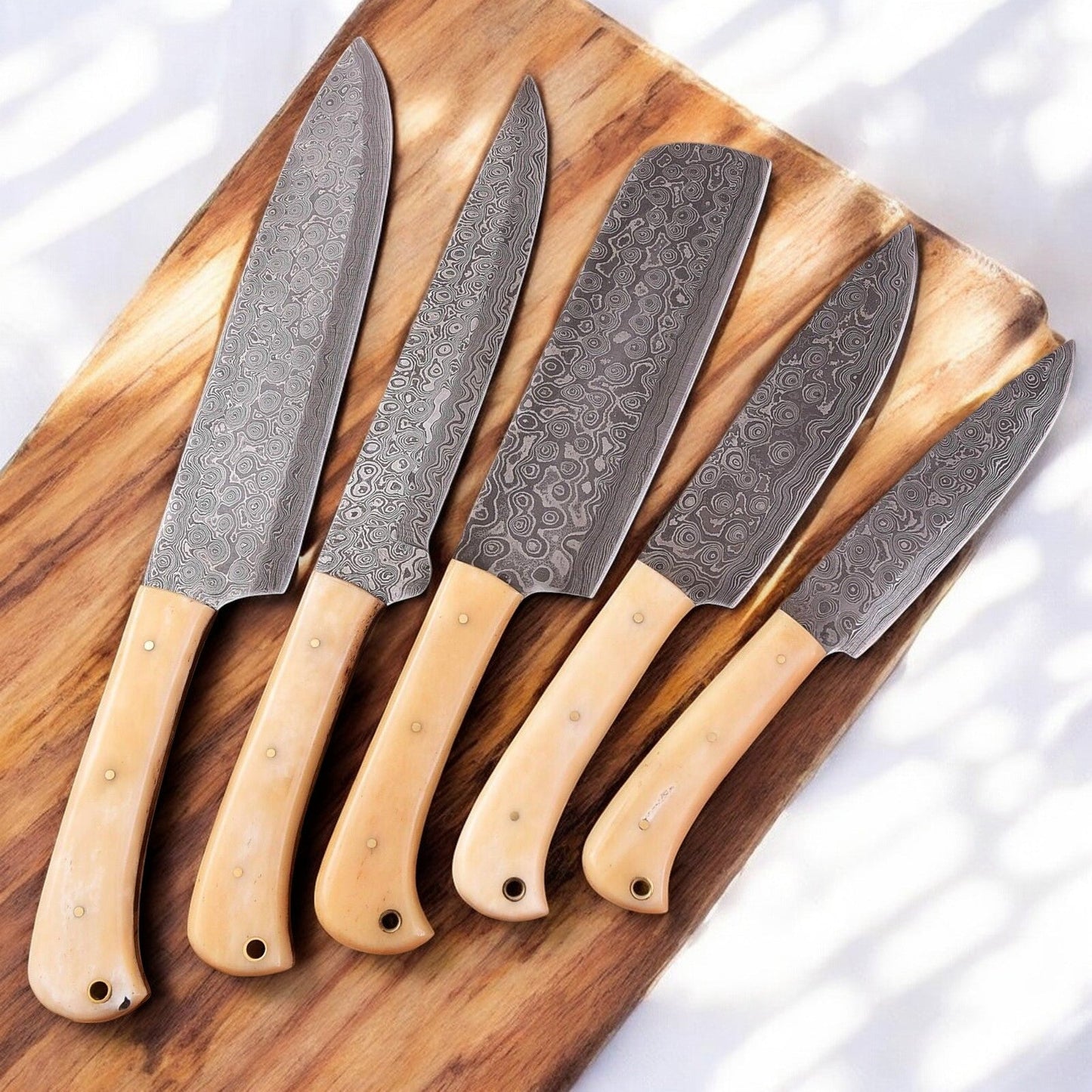Damascus Knife Store Handmade Kitchen Knives Set with Bone Handles - Angler's Pro Tackle & Outdoors