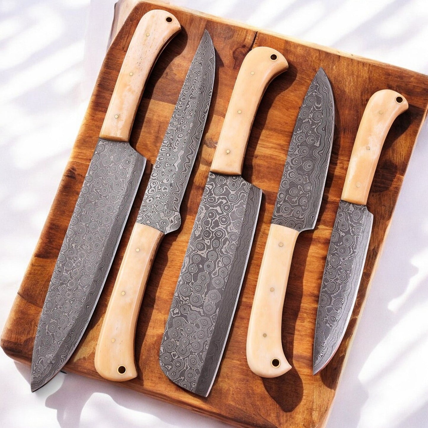 Damascus Knife Store Handmade Kitchen Knives Set with Bone Handles - Angler's Pro Tackle & Outdoors