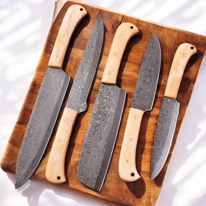 Damascus Knife Store Handmade Kitchen Knives Set with Bone Handles - Angler's Pro Tackle & Outdoors
