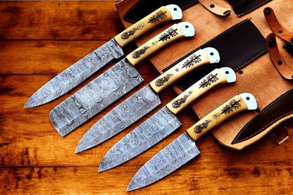 Damascus Knife Store Handmade Kitchen Knives Set with Engraved Bone - Angler's Pro Tackle & Outdoors