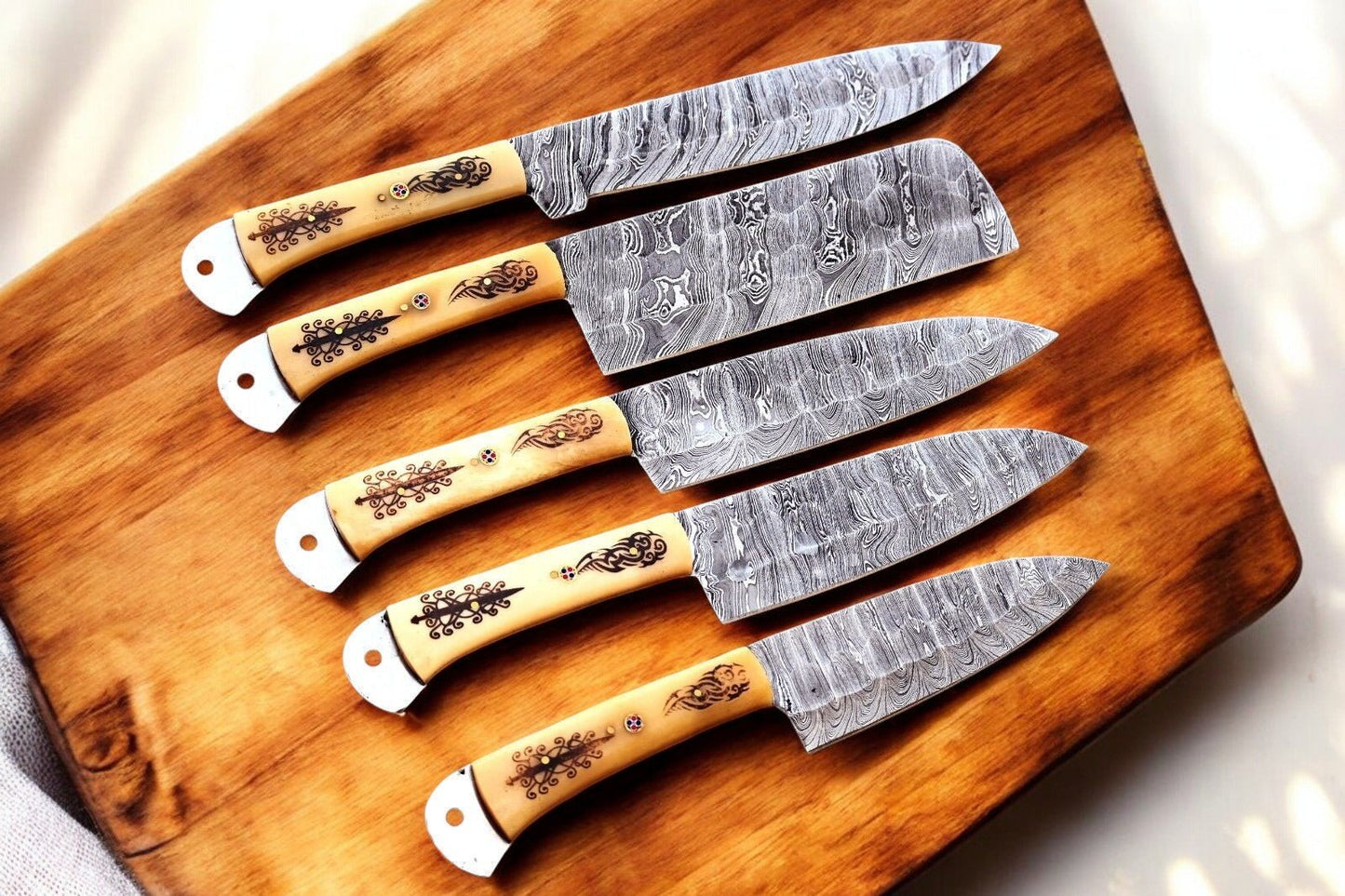 Damascus Knife Store Handmade Kitchen Knives Set with Engraved Bone - Angler's Pro Tackle & Outdoors