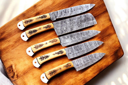 Damascus Knife Store Handmade Kitchen Knives Set with Engraved Bone - Angler's Pro Tackle & Outdoors