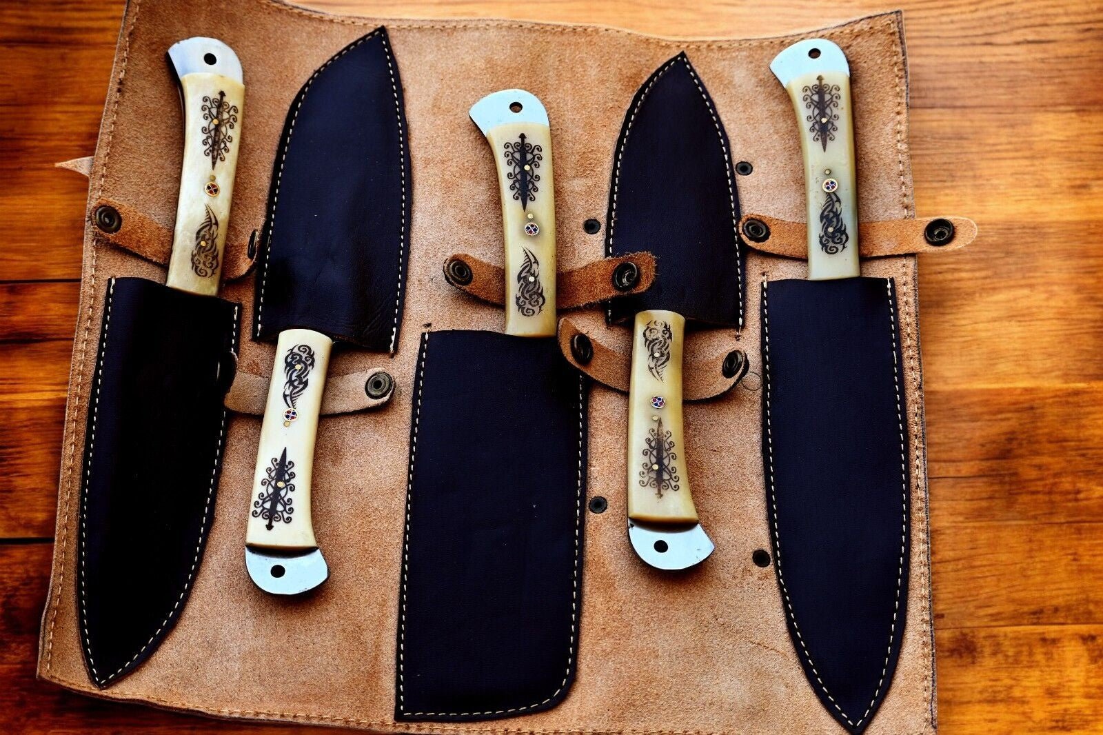 Damascus Knife Store Handmade Kitchen Knives Set with Engraved Bone - Angler's Pro Tackle & Outdoors