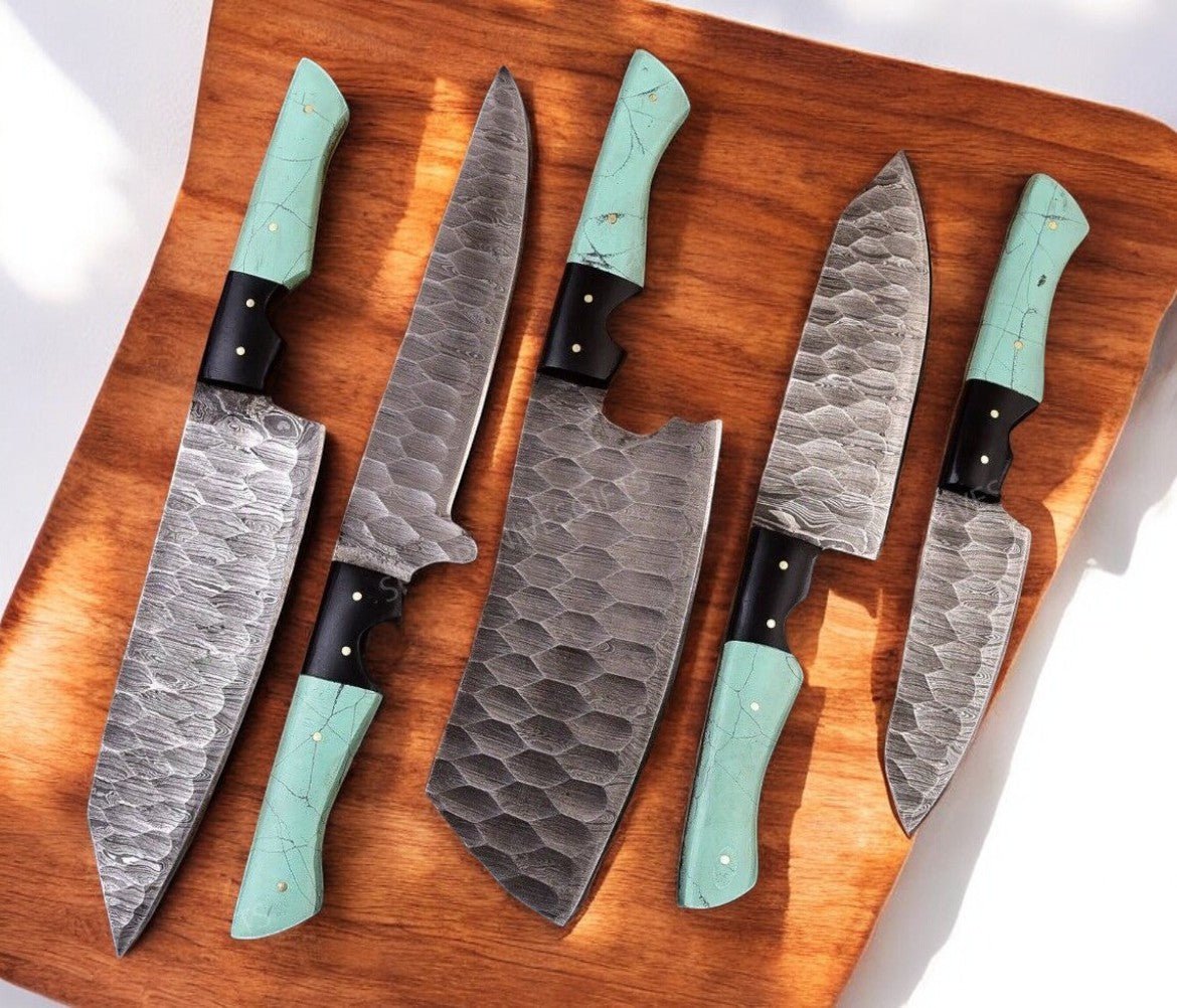 Damascus Knife Store Handmade Kitchen Knives Set with Epoxy Resin Handle - Angler's Pro Tackle & Outdoors