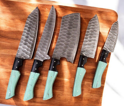 Damascus Knife Store Handmade Kitchen Knives Set with Epoxy Resin Handle - Angler's Pro Tackle & Outdoors