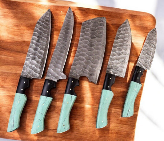 Damascus Knife Store Handmade Kitchen Knives Set with Epoxy Resin Handle - Angler's Pro Tackle & Outdoors