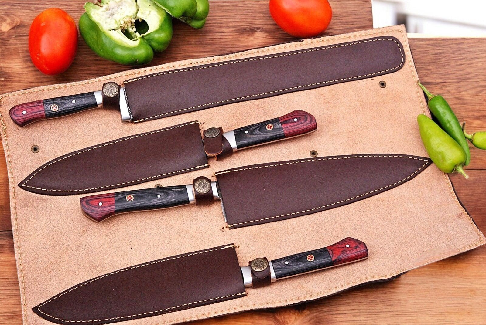 Damascus Knife Store Handmade Kitchen Knives Set with Exotic Wood Handles - Angler's Pro Tackle & Outdoors