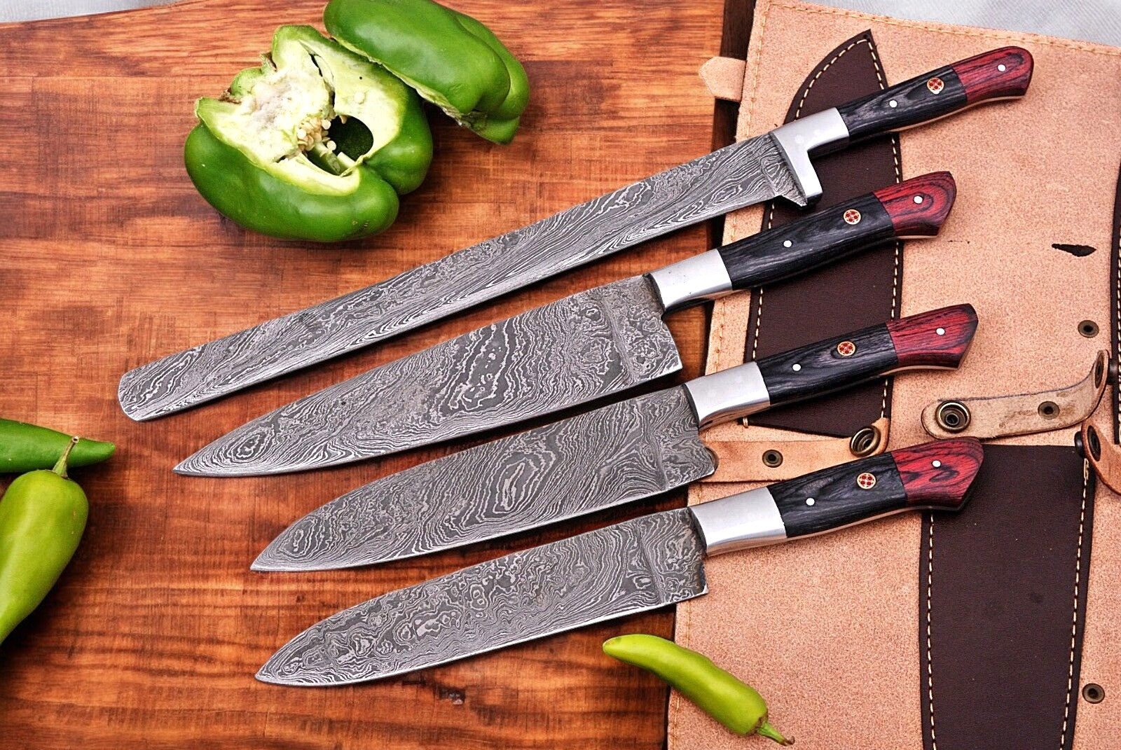 Damascus Knife Store Handmade Kitchen Knives Set with Exotic Wood Handles - Angler's Pro Tackle & Outdoors
